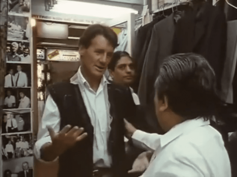 Groom's Guide: Wedding Suit in Hong Kong 3 Michael Palin in store with Narindas and Manu, from around the world in 80 days TV show