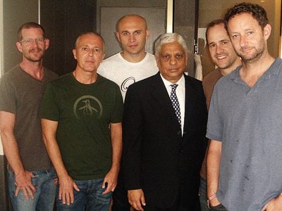 Members of the band Tears for Fears with Manu Melwani in their hotel
