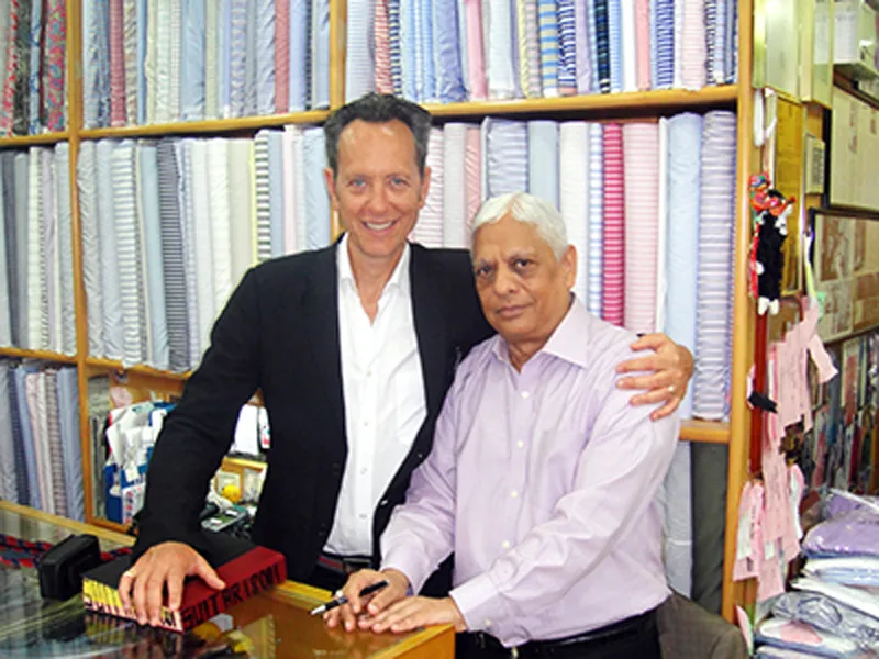 Richard E Grant in Sam's Tailors with Manu Melwani