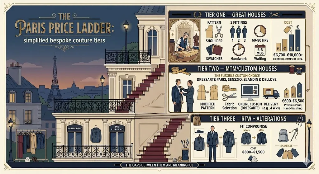 The Paris bespoke couture scene has a three rung pricing ladder. 